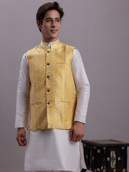 Jompers Men's Golden Woven Design Nehru Jacket With Solid Kurta Pyjama