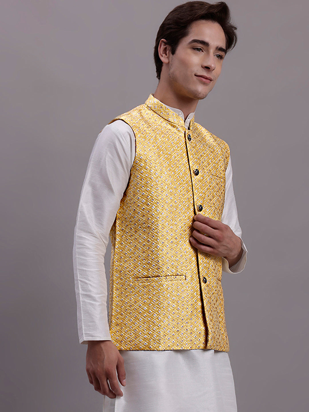 Jompers Men's Golden Woven Design Nehru Jacket With Solid Kurta Pyjama