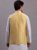 Jompers Men's Golden Woven Design Nehru Jacket With Solid Kurta Pyjama