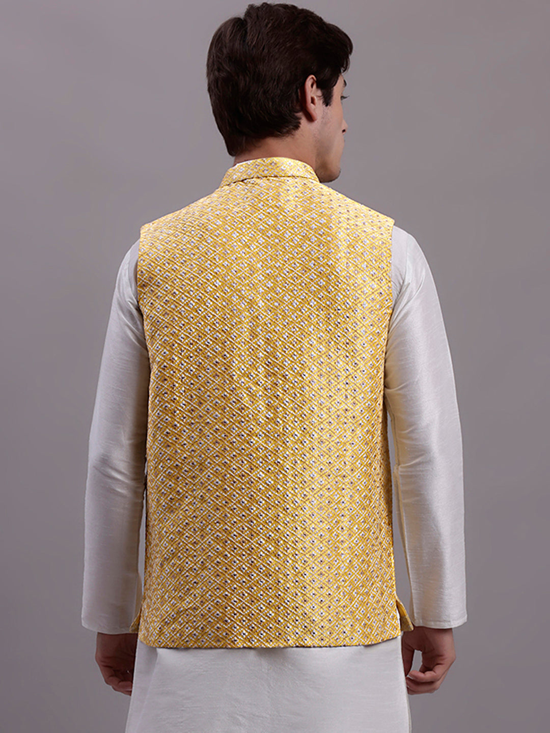 Jompers Men's Golden Woven Design Nehru Jacket With Solid Kurta Pyjama
