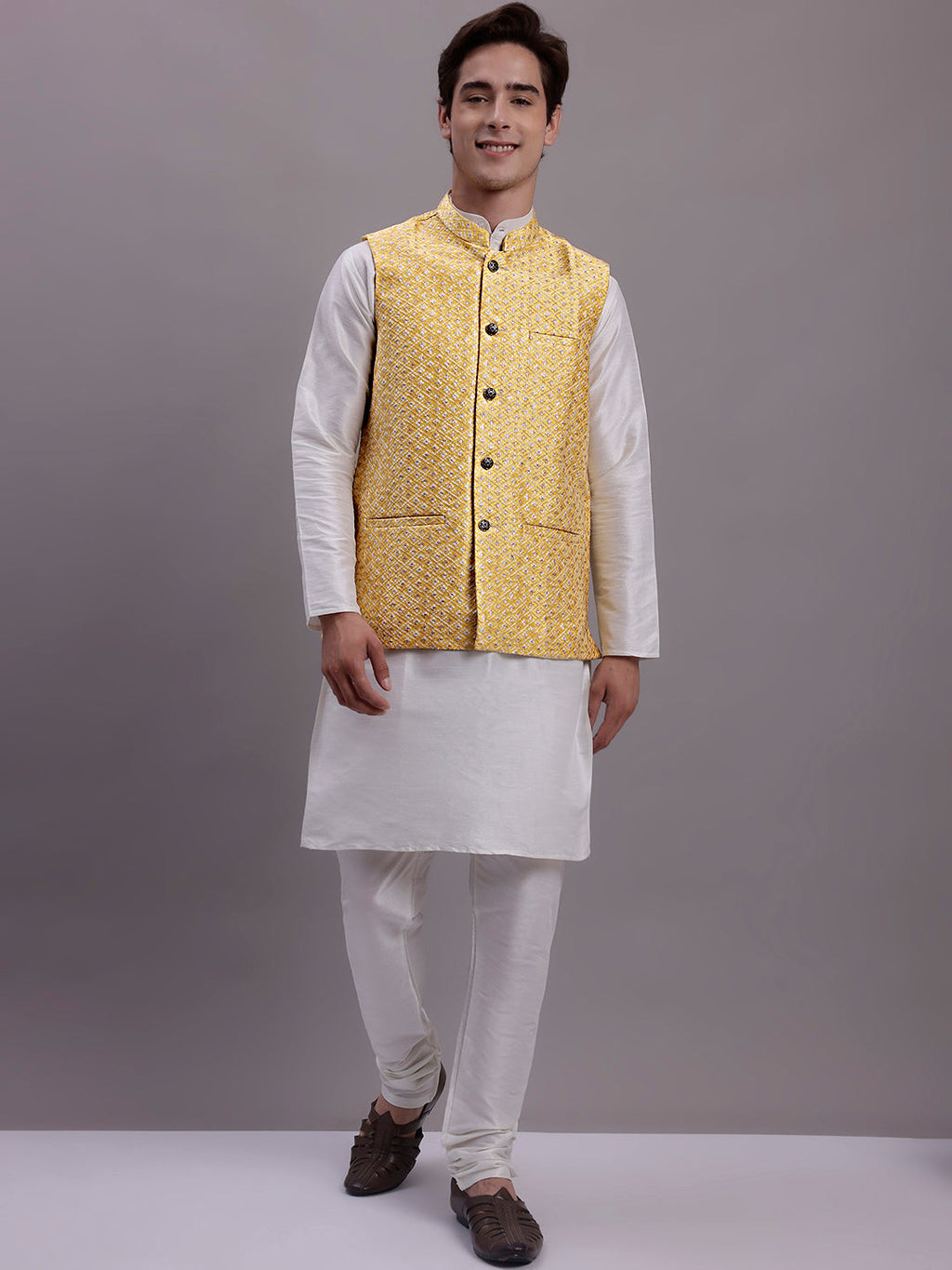 Jompers Men's Golden Woven Design Nehru Jacket With Solid Kurta Pyjama