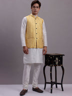 Jompers Men's Golden Woven Design Nehru Jacket With Solid Kurta Pyjama