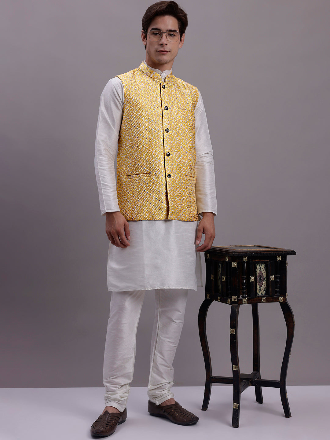 Jompers Men's Golden Woven Design Nehru Jacket With Solid Kurta Pyjama