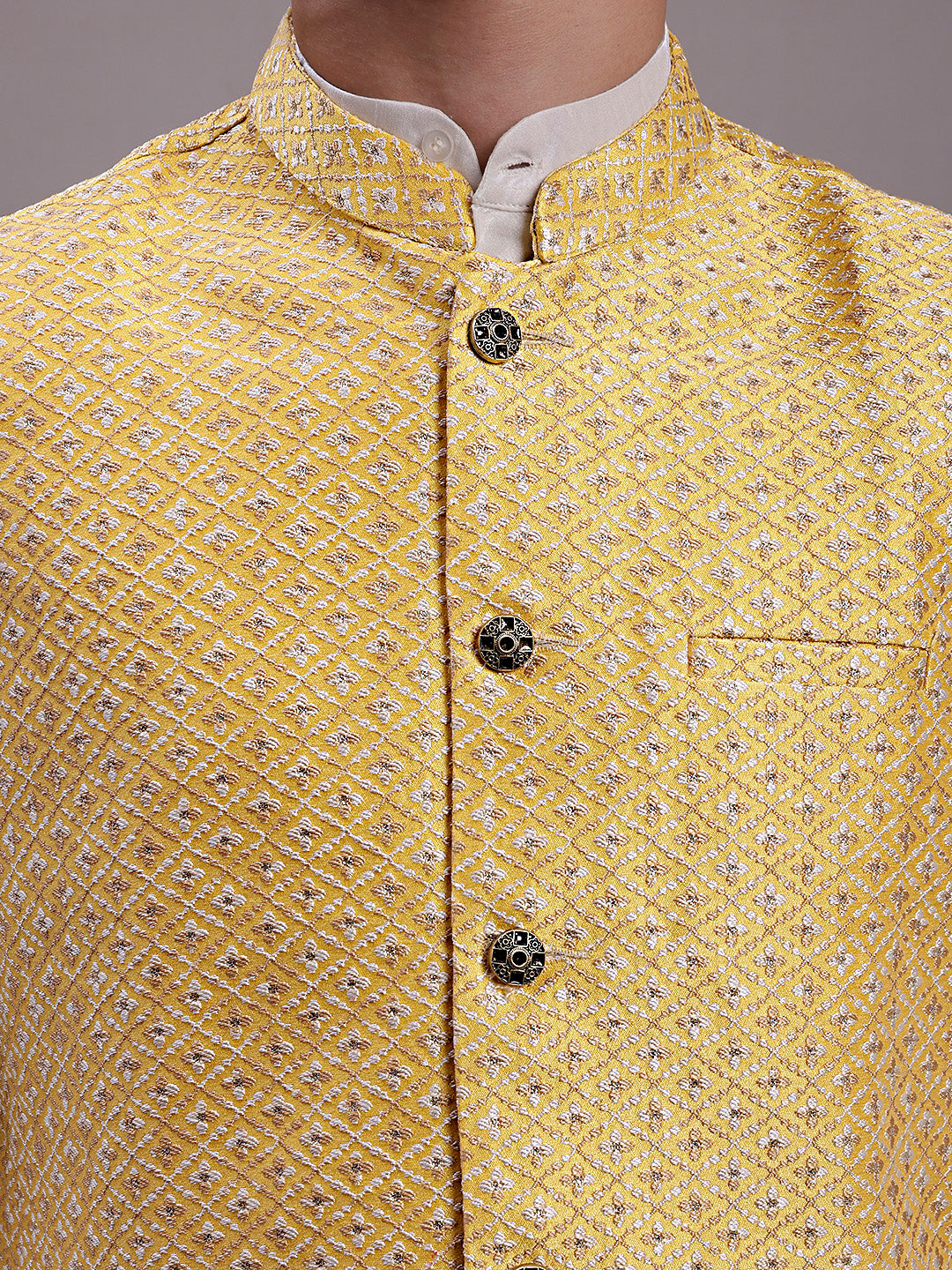 Jompers Men's Golden Woven Design Nehru Jacket With Solid Kurta Pyjama