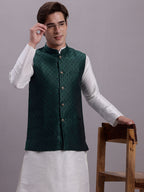 Jompers Men's Olive Green Woven Design Nehru Jacket With Solid Kurta Pyjama