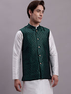 Jompers Men's Olive Green Woven Design Nehru Jacket With Solid Kurta Pyjama