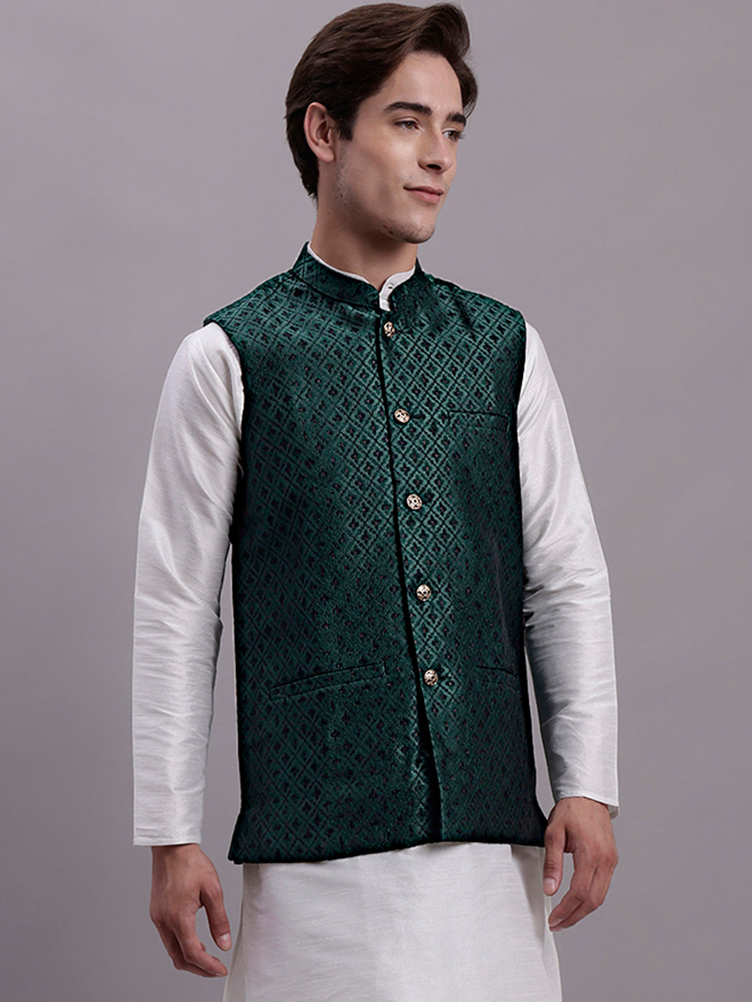 Jompers Men's Olive Green Woven Design Nehru Jacket With Solid Kurta Pyjama