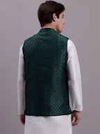 Jompers Men's Olive Green Woven Design Nehru Jacket With Solid Kurta Pyjama