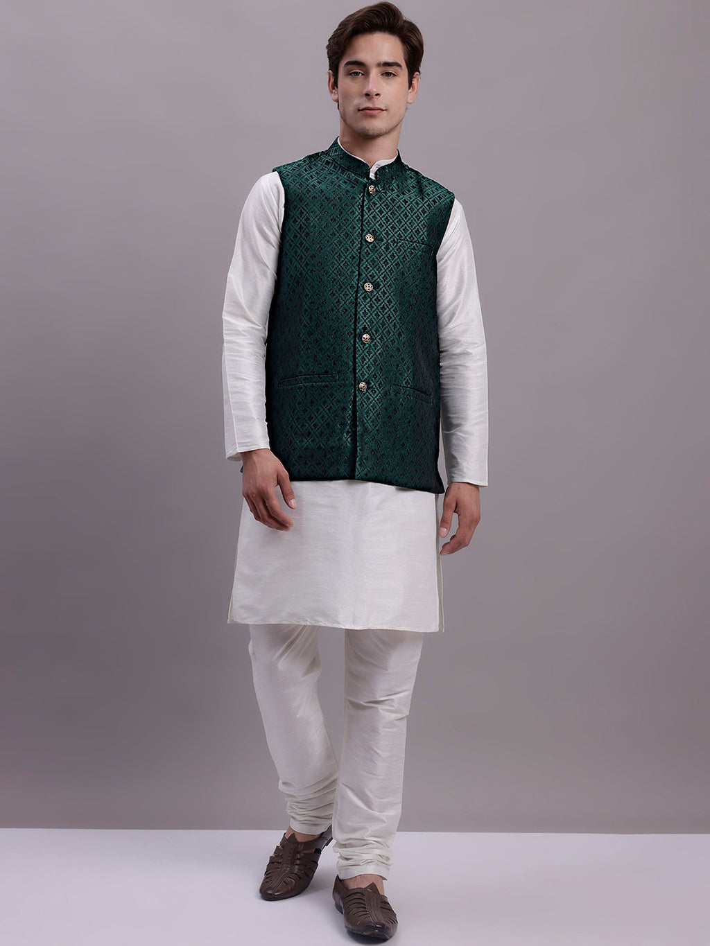 Jompers Men's Olive Green Woven Design Nehru Jacket With Solid Kurta Pyjama