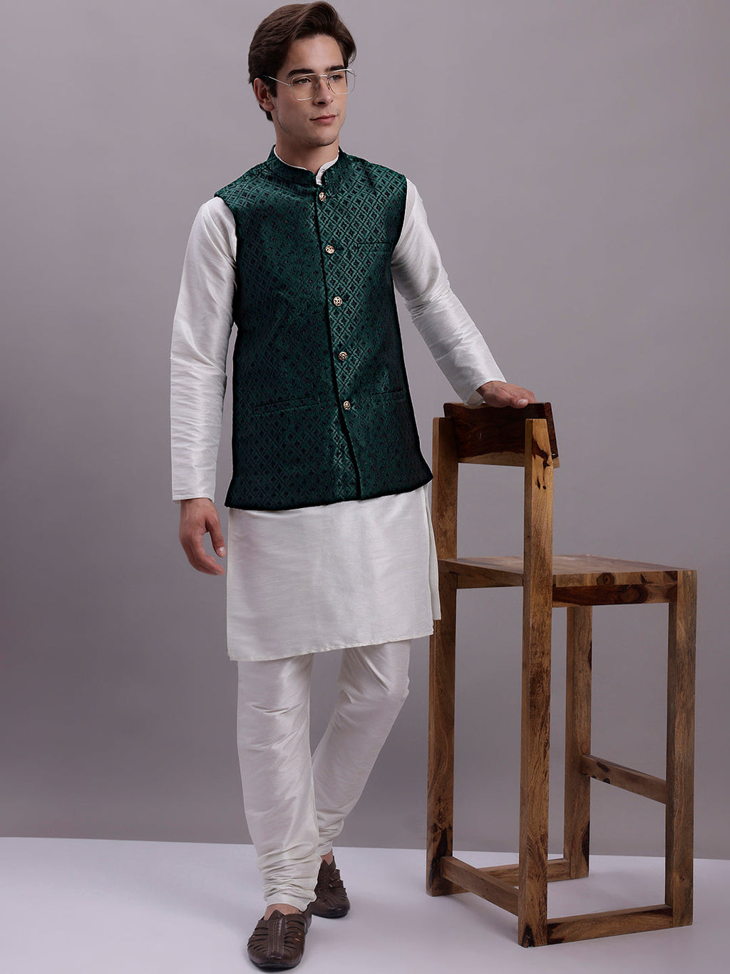 Jompers Men's Olive Green Woven Design Nehru Jacket With Solid Kurta Pyjama