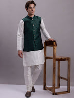 Jompers Men's Olive Green Woven Design Nehru Jacket With Solid Kurta Pyjama