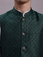 Jompers Men's Olive Green Woven Design Nehru Jacket With Solid Kurta Pyjama