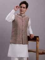 Jompers Men's Peach Woven Design Nehru Jacket With Solid Kurta Pyjama