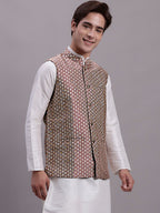Jompers Men's Peach Woven Design Nehru Jacket With Solid Kurta Pyjama