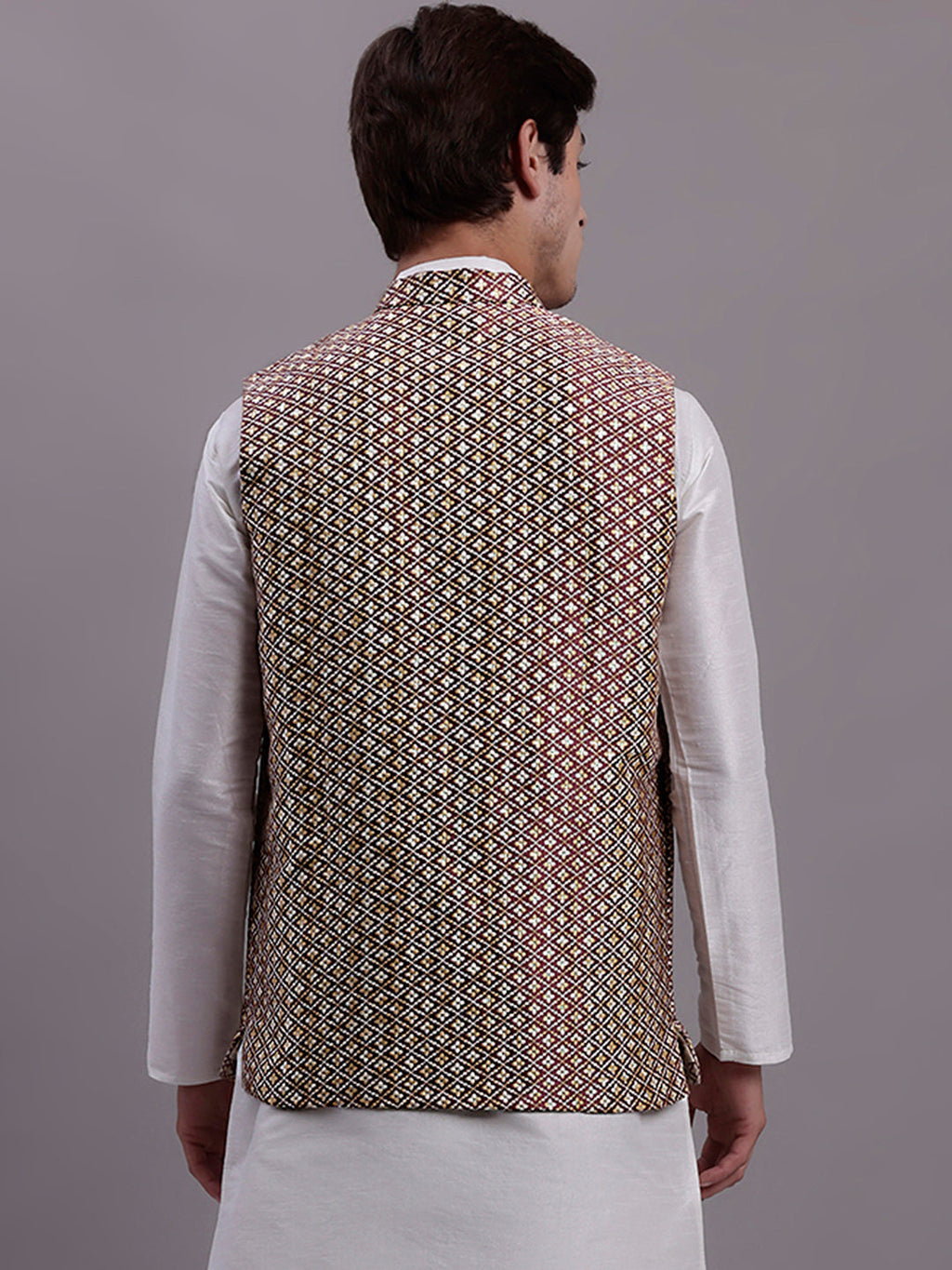 Jompers Men's Peach Woven Design Nehru Jacket With Solid Kurta Pyjama