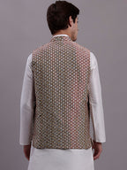Jompers Men's Peach Woven Design Nehru Jacket With Solid Kurta Pyjama