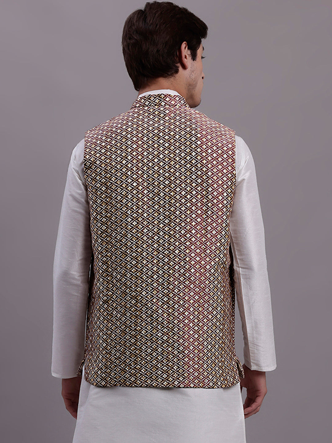 Jompers Men's Peach Woven Design Nehru Jacket With Solid Kurta Pyjama