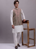 Jompers Men's Peach Woven Design Nehru Jacket With Solid Kurta Pyjama