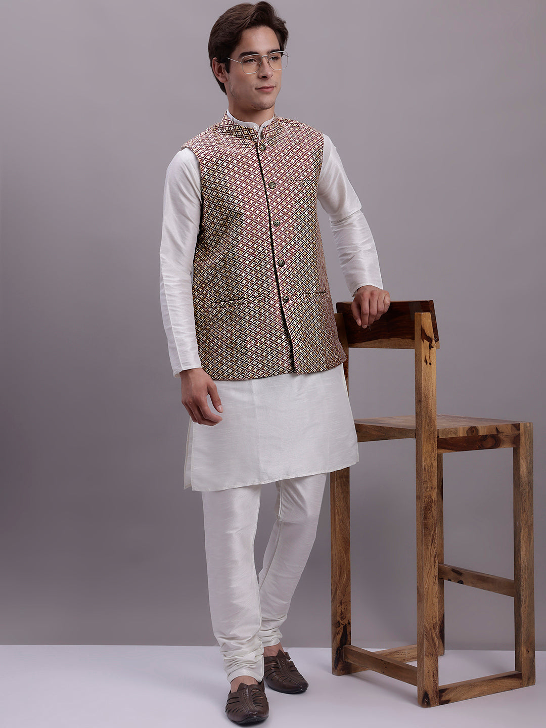 Jompers Men's Peach Woven Design Nehru Jacket With Solid Kurta Pyjama