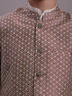 Jompers Men's Peach Woven Design Nehru Jacket With Solid Kurta Pyjama