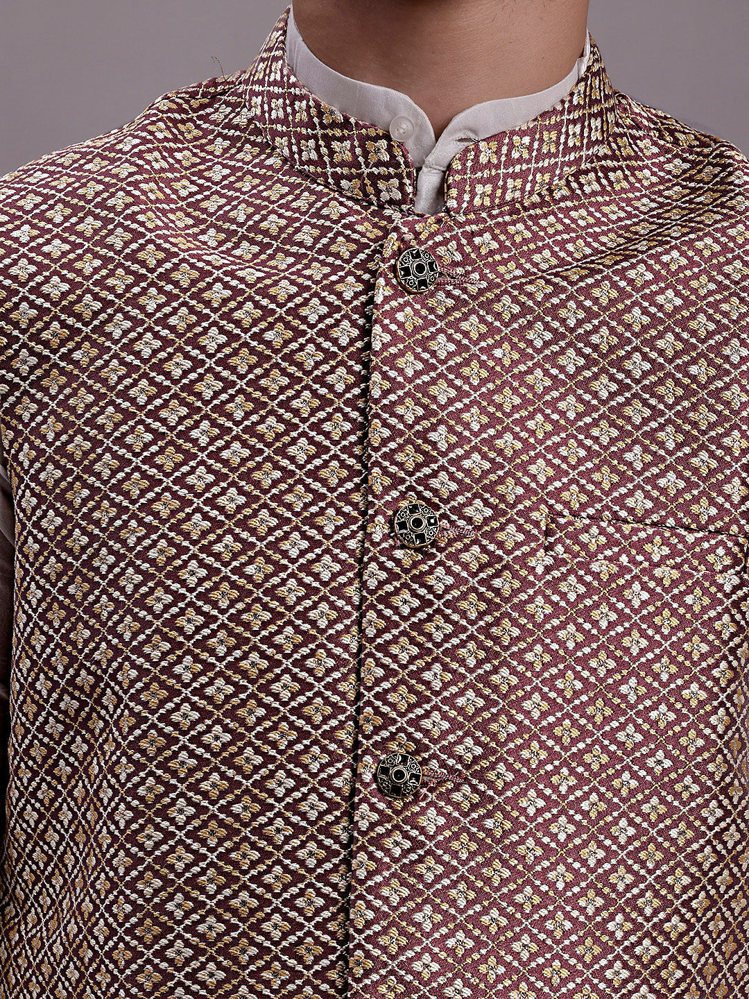 Jompers Men's Peach Woven Design Nehru Jacket With Solid Kurta Pyjama