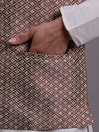 Jompers Men's Peach Woven Design Nehru Jacket With Solid Kurta Pyjama