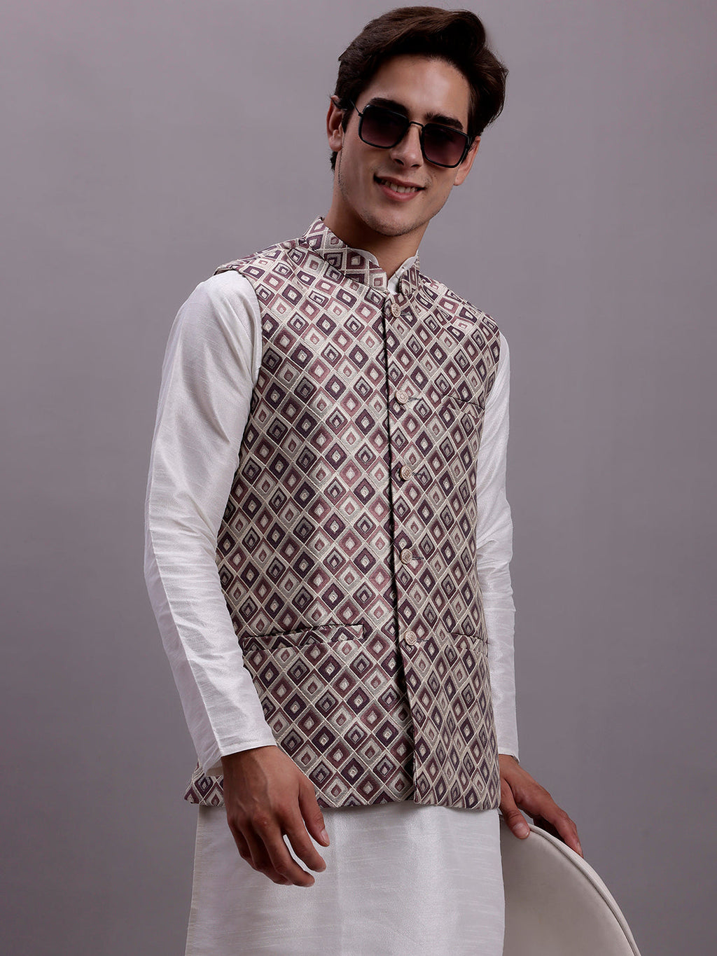 Jompers Men's Purple Woven Design Nehru Jacket With Solid Kurta Pyjama
