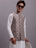 Jompers Men's Purple Woven Design Nehru Jacket With Solid Kurta Pyjama