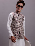 Jompers Men's Purple Woven Design Nehru Jacket With Solid Kurta Pyjama