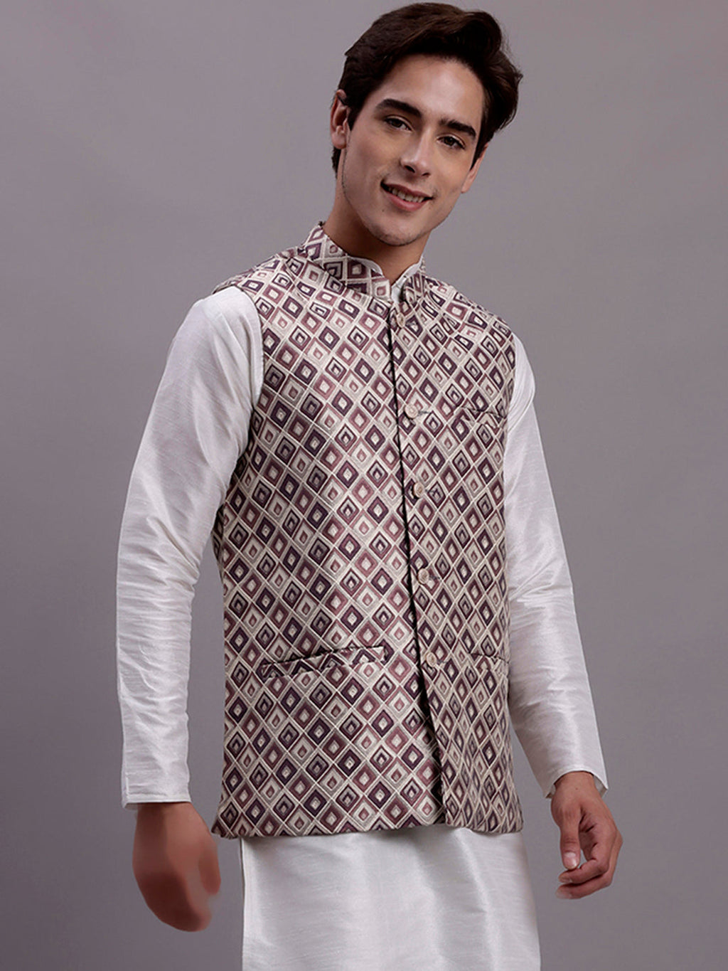 Jompers Men's Purple Woven Design Nehru Jacket With Solid Kurta Pyjama