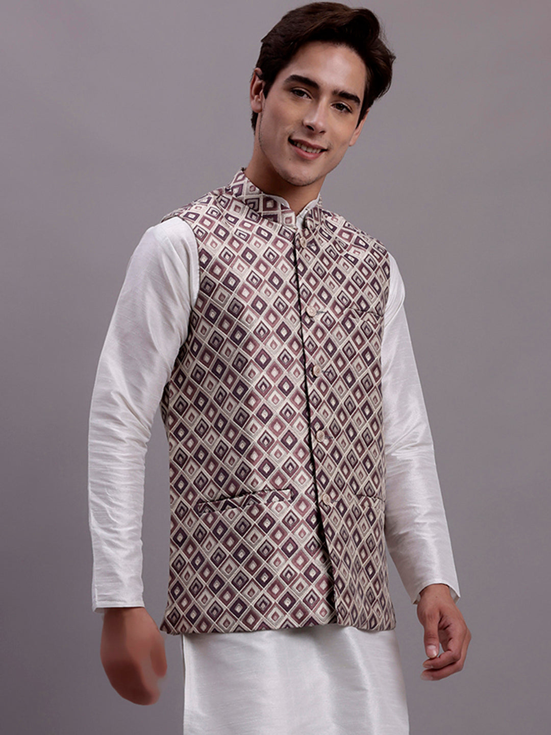 Jompers Men's Purple Woven Design Nehru Jacket With Solid Kurta Pyjama
