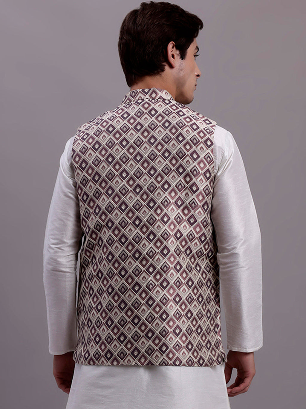 Jompers Men's Purple Woven Design Nehru Jacket With Solid Kurta Pyjama