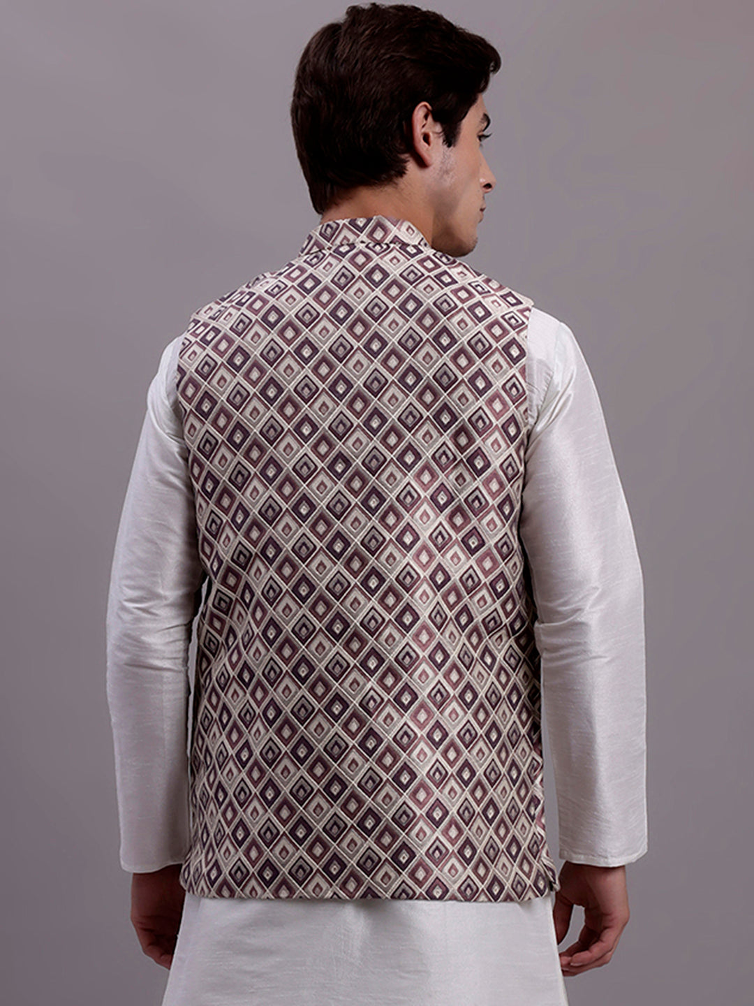 Jompers Men's Purple Woven Design Nehru Jacket With Solid Kurta Pyjama