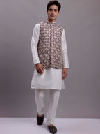 Jompers Men's Purple Woven Design Nehru Jacket With Solid Kurta Pyjama