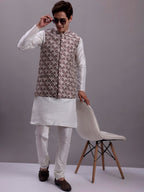 Jompers Men's Purple Woven Design Nehru Jacket With Solid Kurta Pyjama