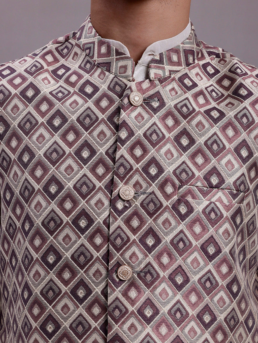 Jompers Men's Purple Woven Design Nehru Jacket With Solid Kurta Pyjama