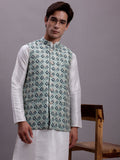 Jompers Men's Turquoise Blue Woven Design Nehru Jacket With Solid Kurta Pyjama