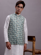 Jompers Men's Turquoise Blue Woven Design Nehru Jacket With Solid Kurta Pyjama