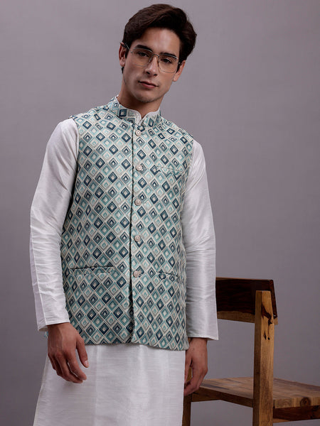 Jompers Men's Turquoise Blue Woven Design Nehru Jacket With Solid Kurta Pyjama