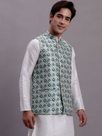 Jompers Men's Turquoise Blue Woven Design Nehru Jacket With Solid Kurta Pyjama