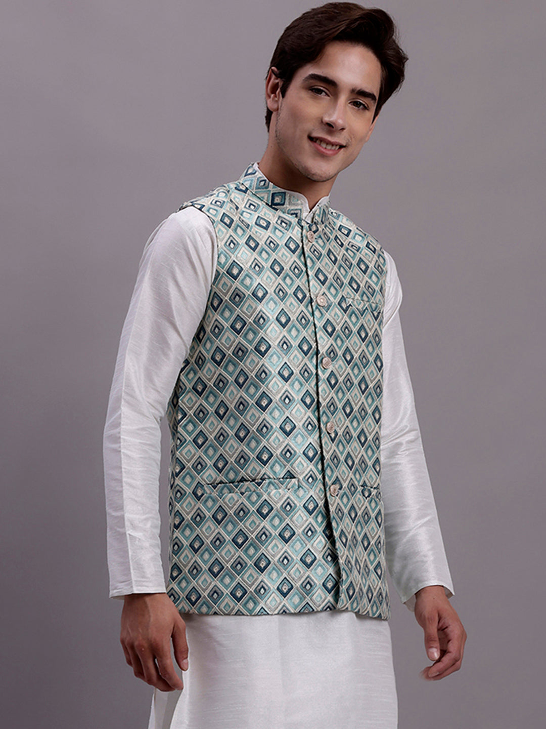 Jompers Men's Turquoise Blue Woven Design Nehru Jacket With Solid Kurta Pyjama