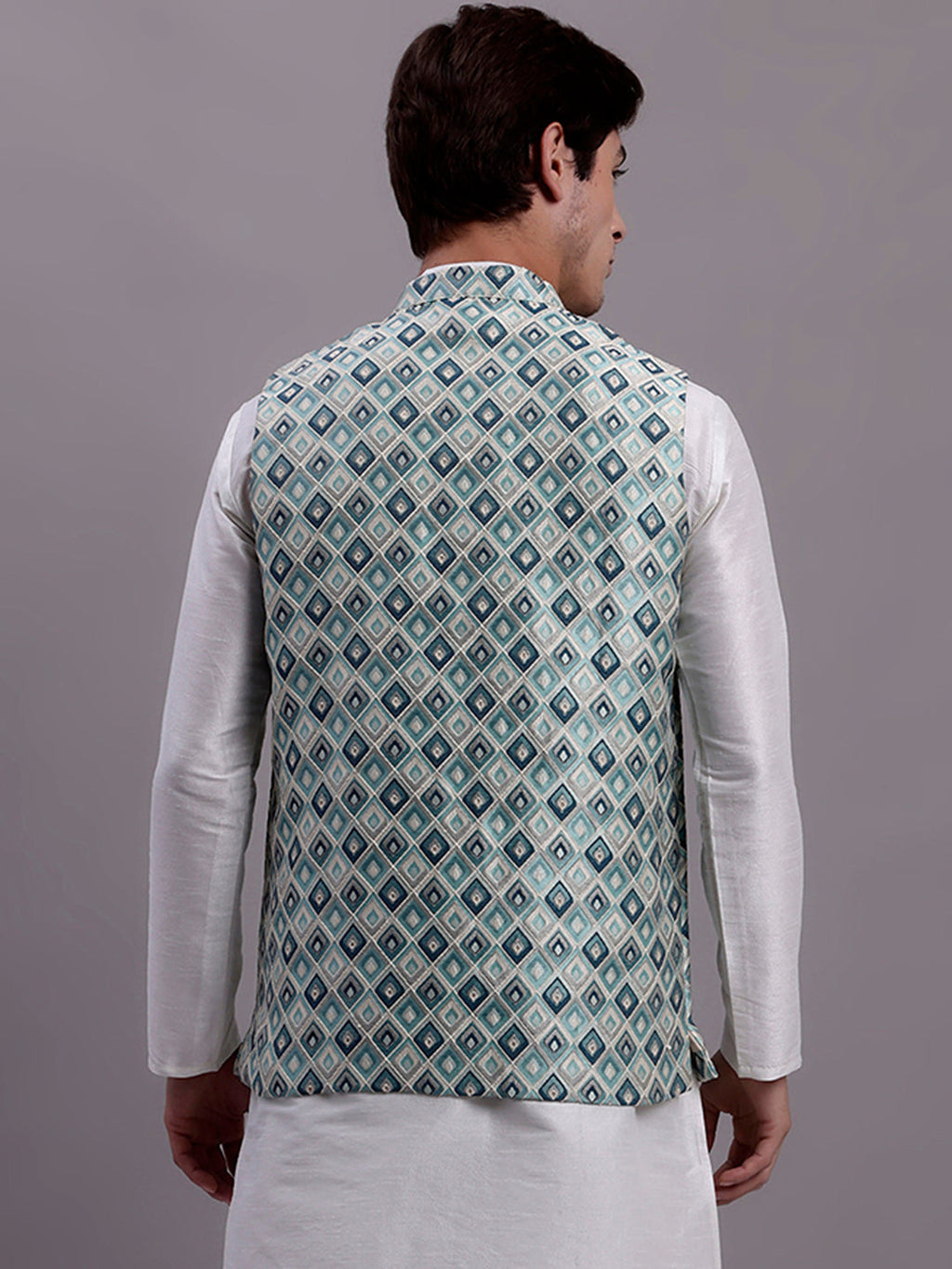 Jompers Men's Turquoise Blue Woven Design Nehru Jacket With Solid Kurta Pyjama