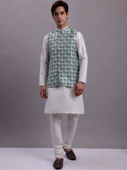Jompers Men's Turquoise Blue Woven Design Nehru Jacket With Solid Kurta Pyjama