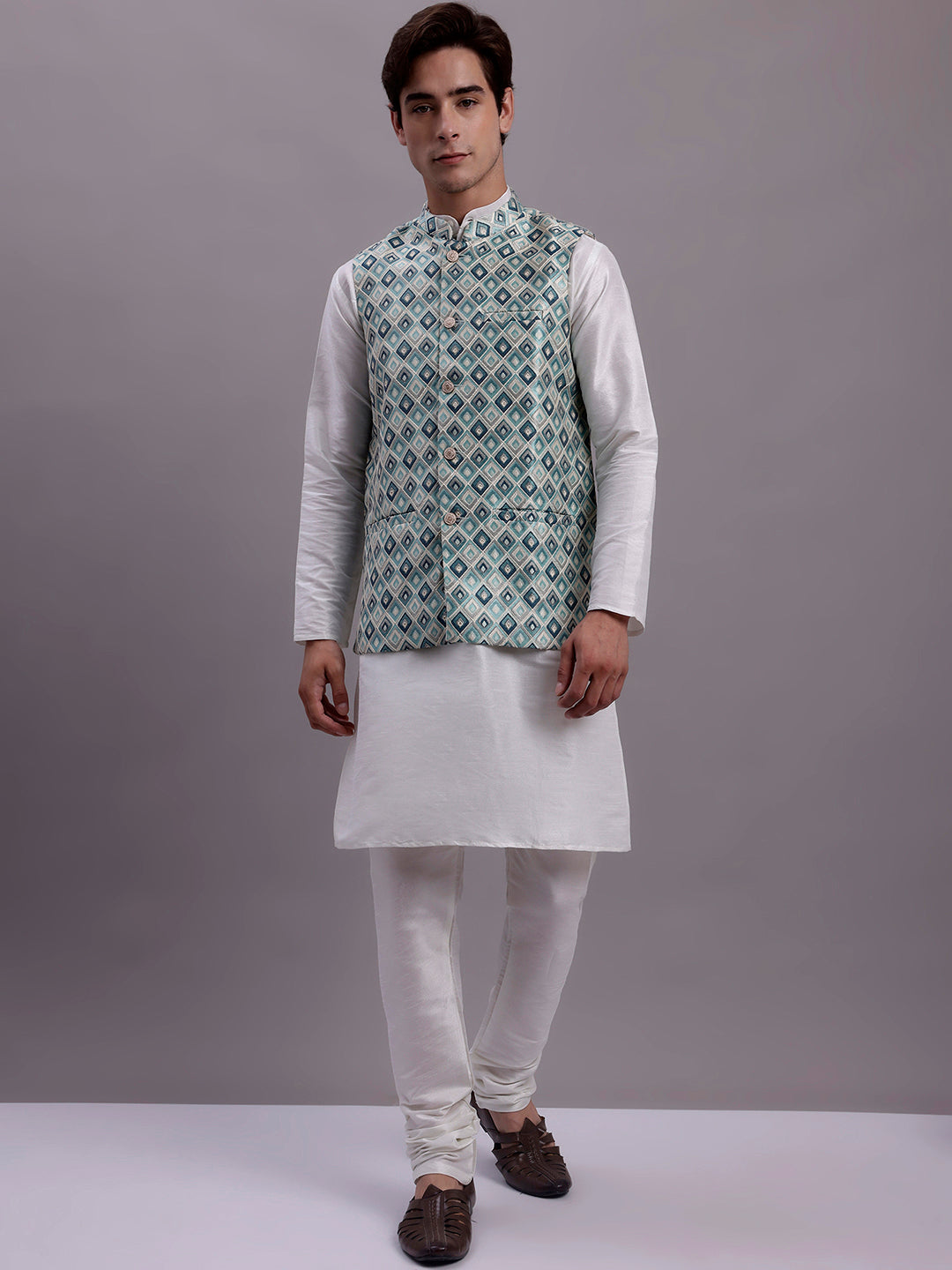 Jompers Men's Turquoise Blue Woven Design Nehru Jacket With Solid Kurta Pyjama