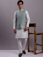 Jompers Men's Turquoise Blue Woven Design Nehru Jacket With Solid Kurta Pyjama