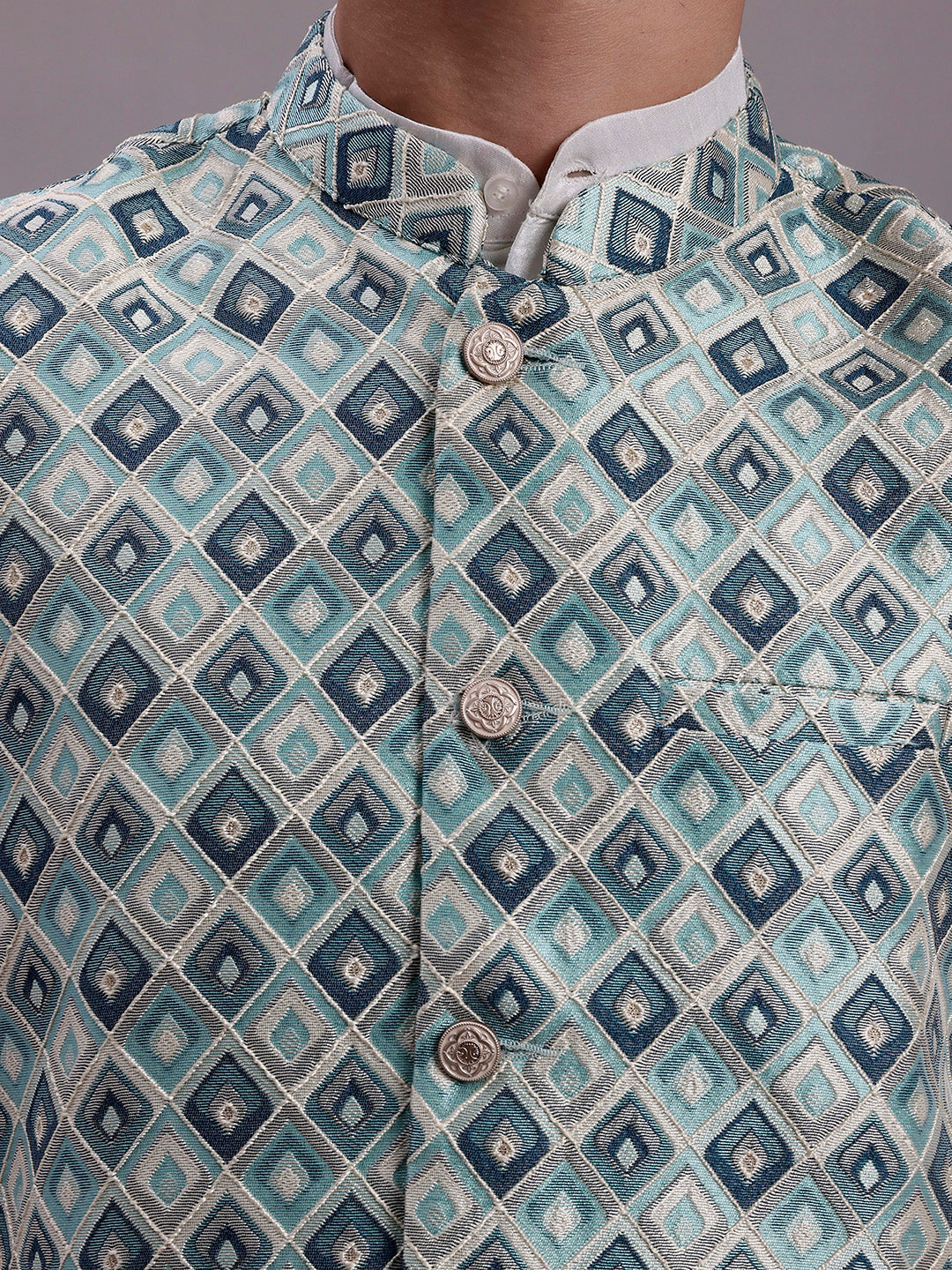 Jompers Men's Turquoise Blue Woven Design Nehru Jacket With Solid Kurta Pyjama