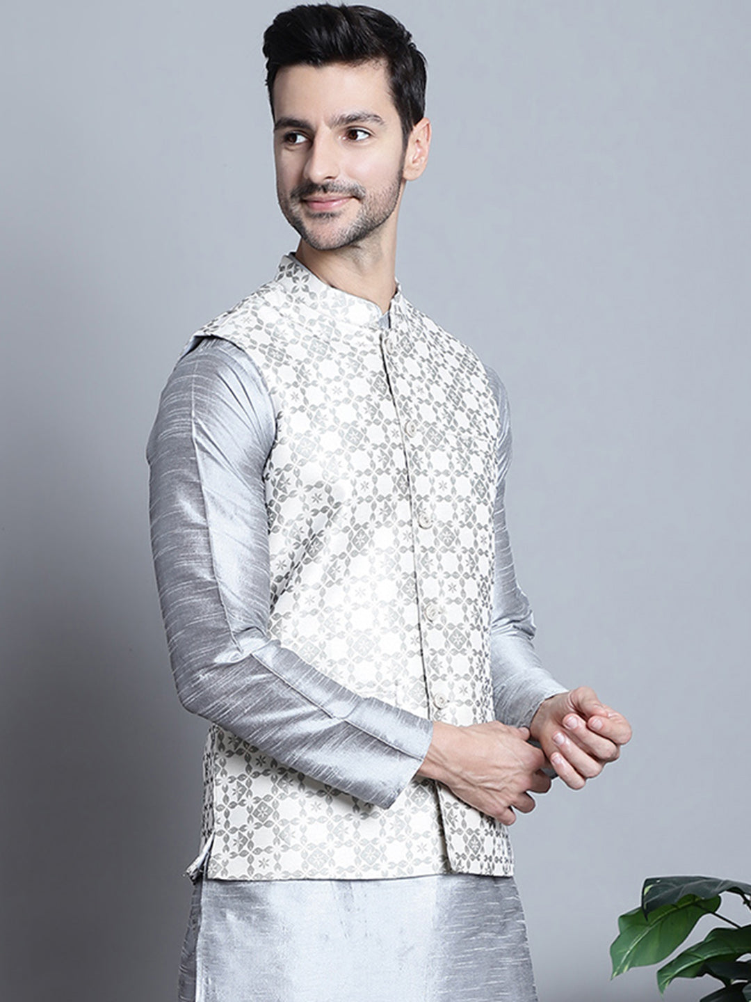 Jompers Men's Woven Design Nehru Jacket - Cream
