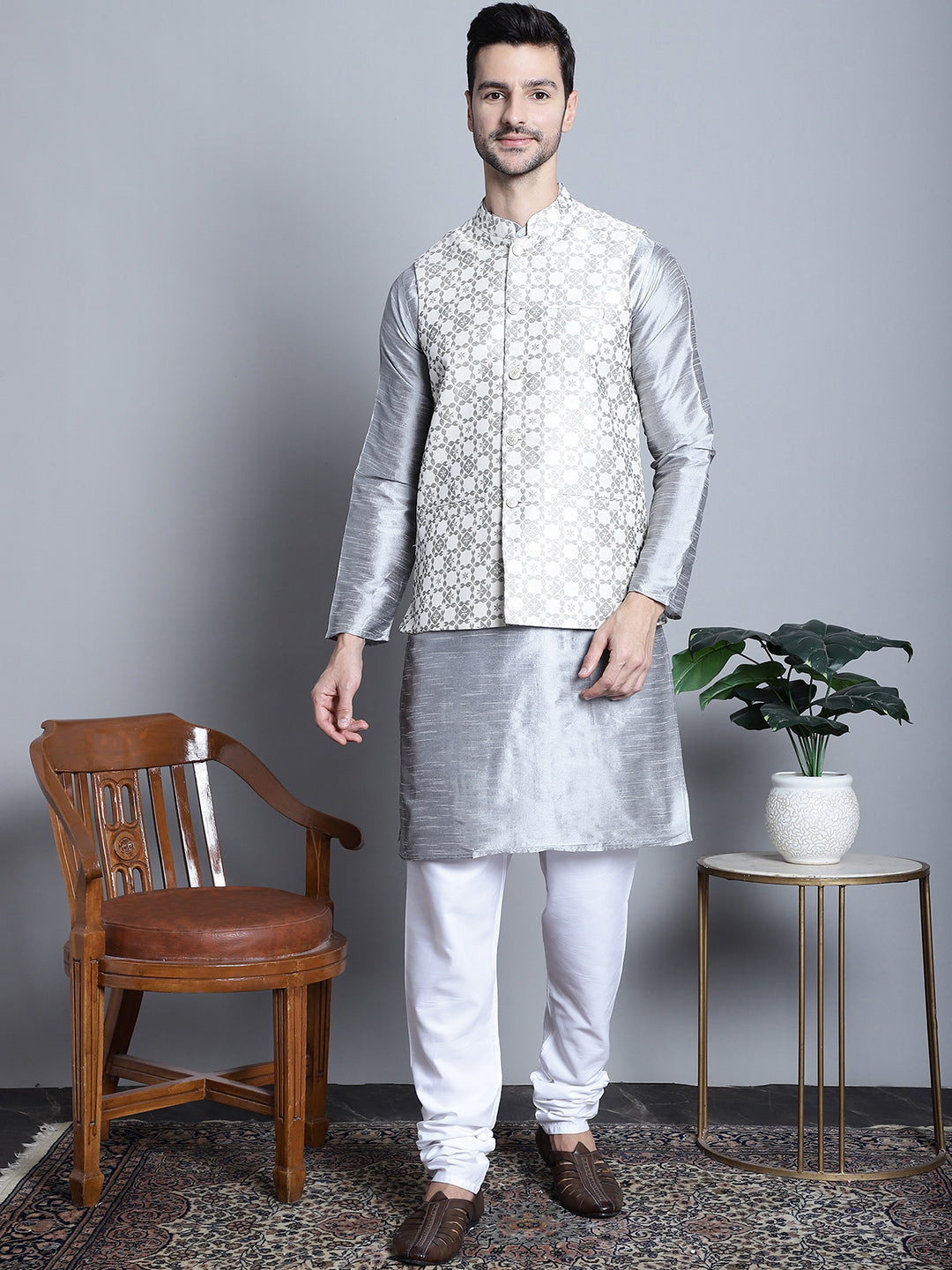 Jompers Men's Woven Design Nehru Jacket - Cream