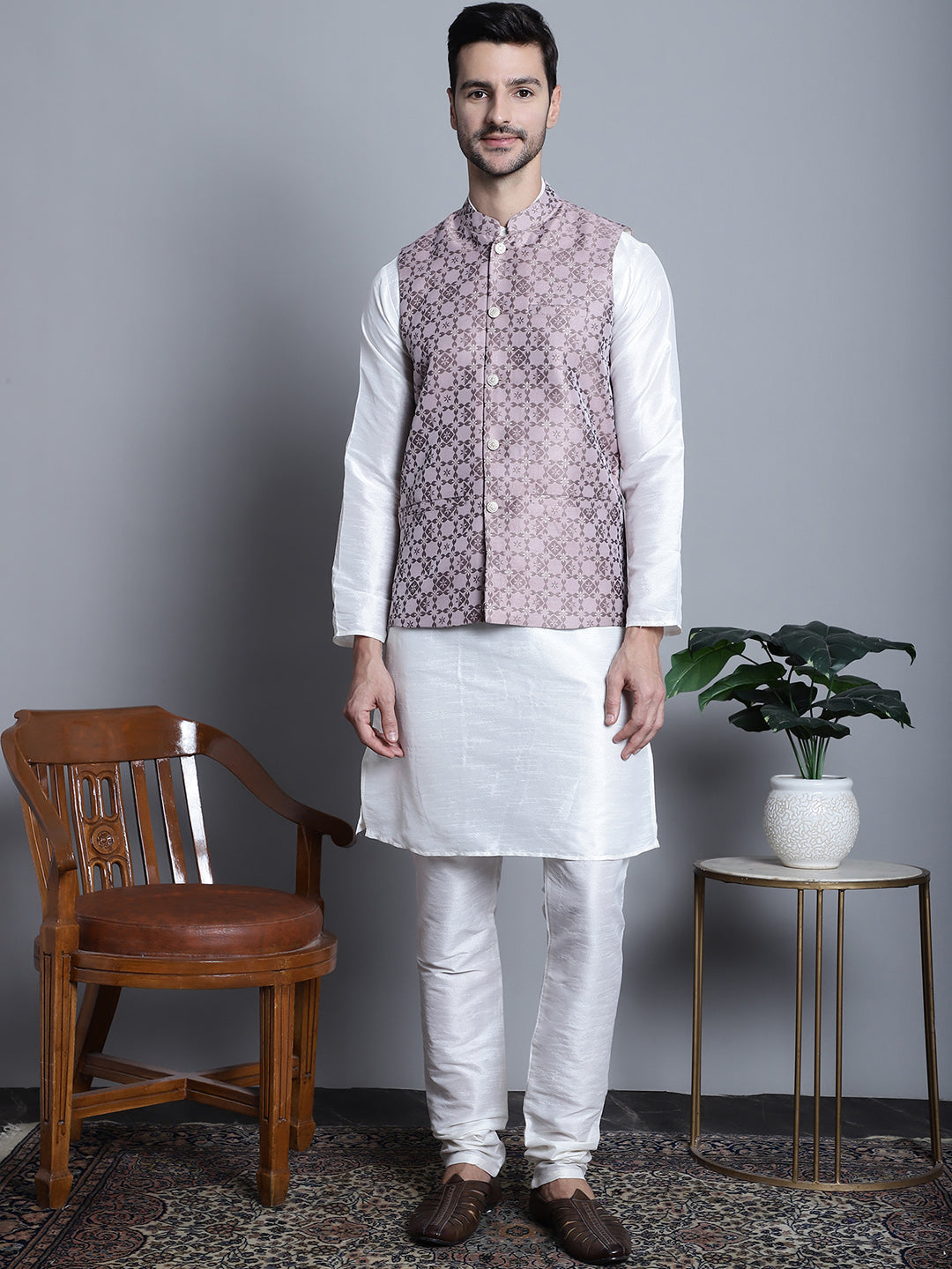 Jompers Men's Woven Design Nehru Jacket - Magenta
