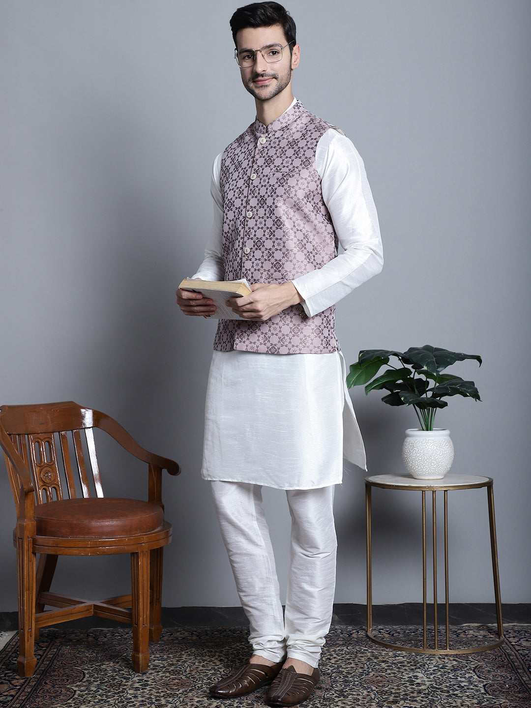 Jompers Men's Woven Design Nehru Jacket - Magenta